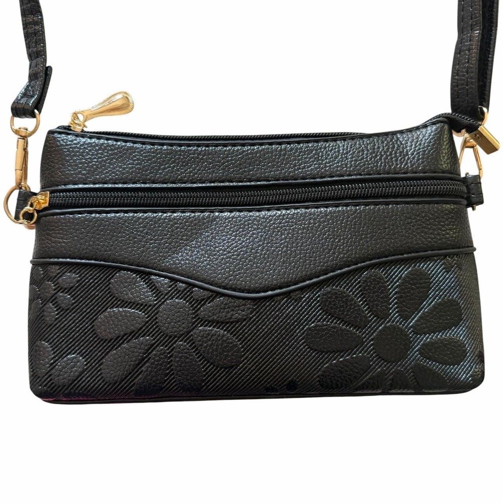Y2K Floral‎ Black Faux Leather Small Crossbody Bag Gold Hardware